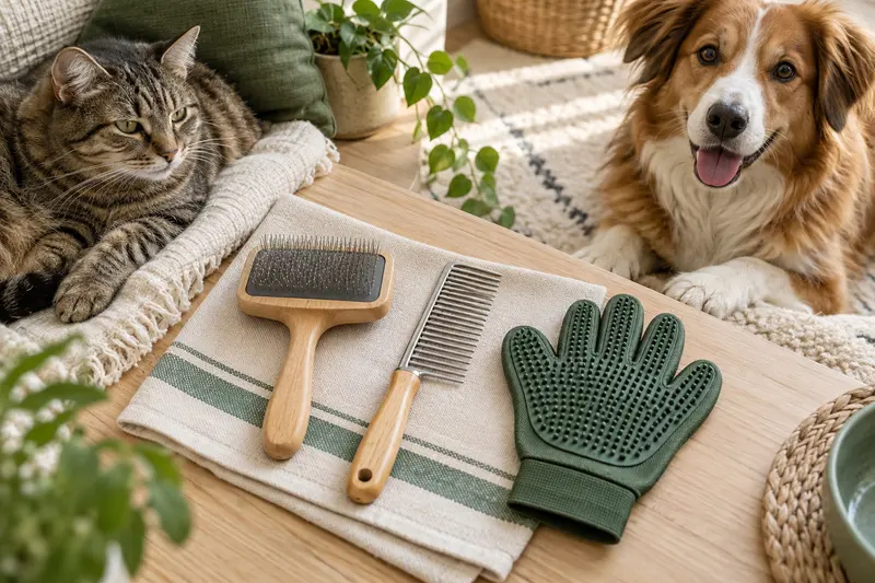 Bürste, Metallkamm und Pflegehandschuh zwischen einer Katze und einem Hund