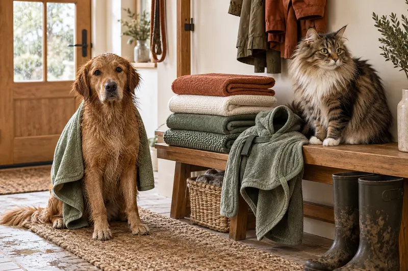 Gefaltete saugfähige Tücher und ein Hundebademantel neben einem nassen Hund und einer langhaarigen Katze