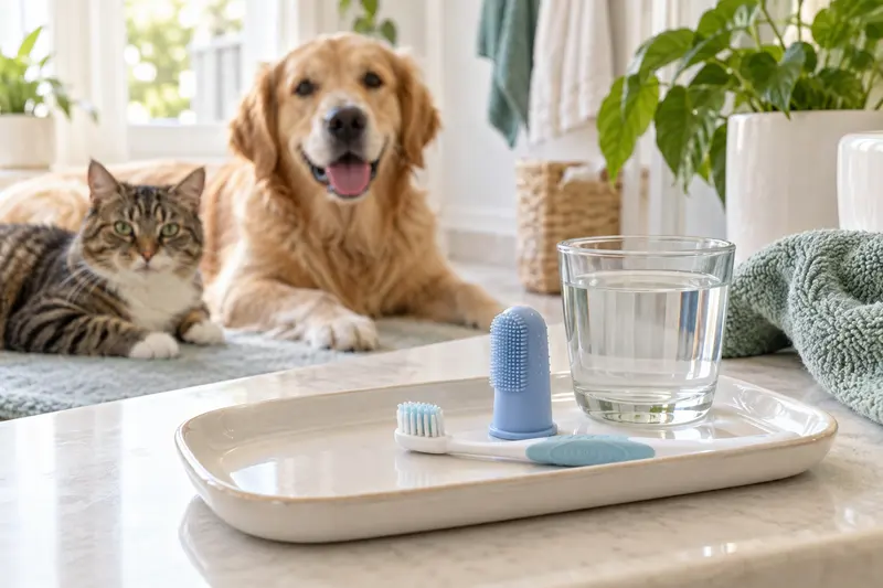Kleine Tierzahnbürste und Silikonfingerling auf einem Tablett vor Hund und Katze